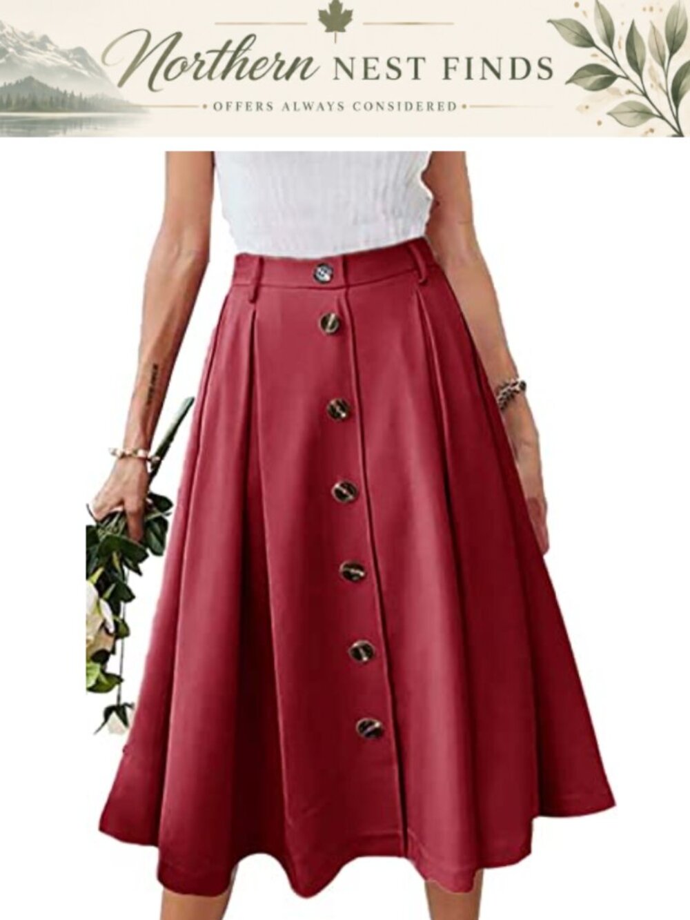 Women's Pleated A-Line Midi Skirt Elastic Waist Button Front Pockets